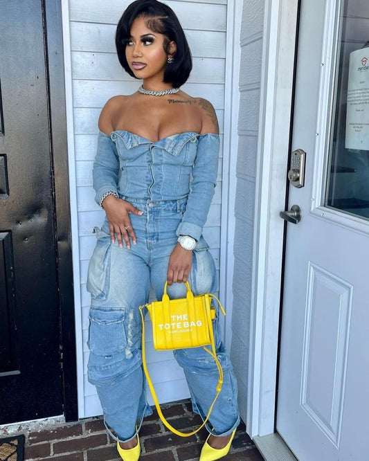 Street Siren Off-Shoulder Sculpt Denim Jumpsuit
