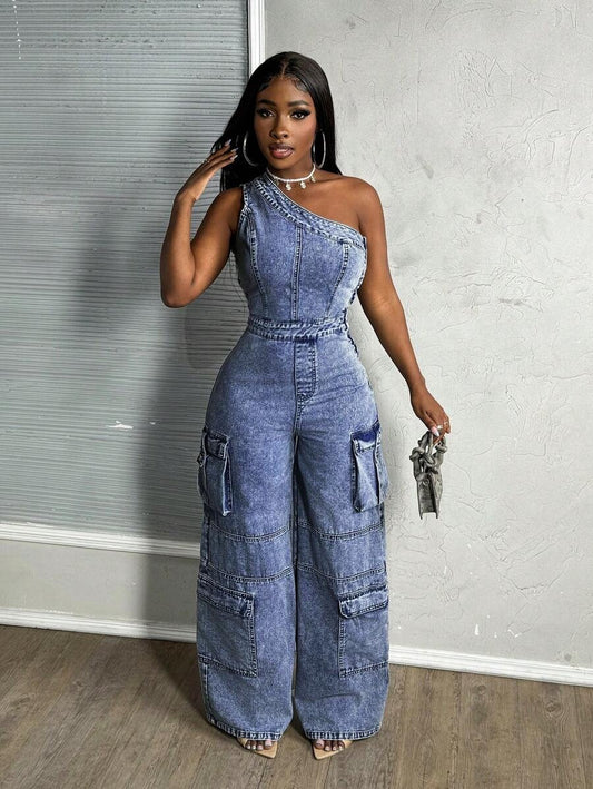 Pretti One-Shoulder Denim Cargo Jumpsuit